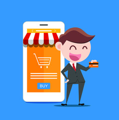 businessman or manager hold a credit card in his hand. online shop concept.