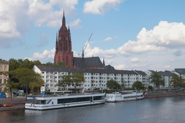 Fototapeta premium River, embankment, walking motor ships and cathedral. Frankfurt am Main, Germany
