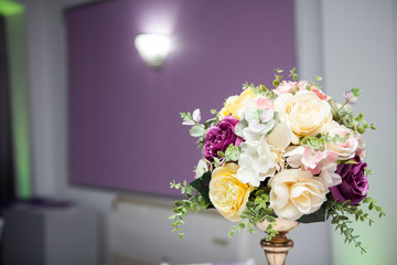 Beautiful wedding flower bouquet in the restaurant