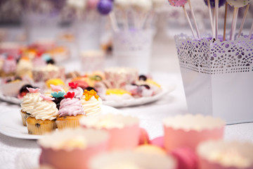 Sweet candy bar at the wedding. Celebration and party