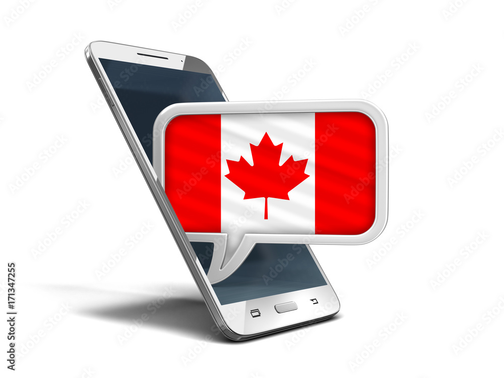 Poster touchscreen smartphone and speech bubble with canadian flag. image with clipping path
