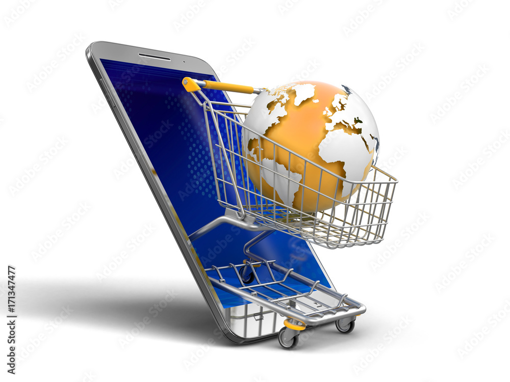 Poster touchscreen smartphone and shopping basket with globe. image with clipping path