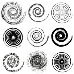 Set of spiral and swirl handdrawn motion elements, black isolated objects.
