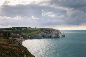 The beach and cliffs of Etretat, the Normandy tourist site of the French city