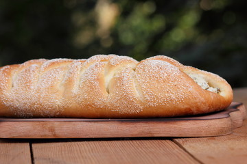 Greek pie with cottage cheese only from the bakery in retro style