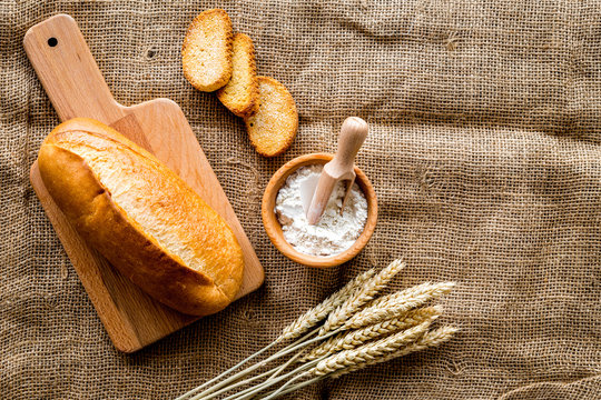 Baking Fresh Wheaten Bread On Bakery Work Table Background Top View