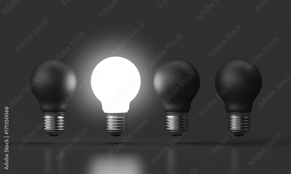 Wall mural 3d illustration - Brightness bulb standing out black bulb, Idea minimal Design Concept.