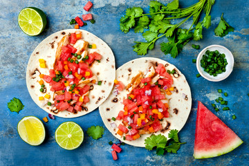 Mexican grilled chicken tacos with watermelon salsa