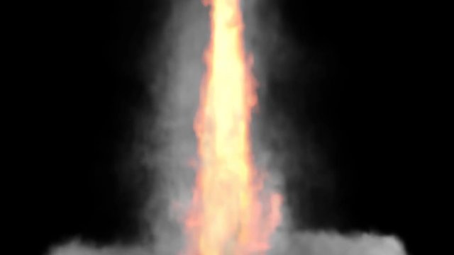 Animated fire and smoke bursting from launching rocket. Close up of a single booster rocket's exhaust flames or tail. Camera follow, track as rocket gain speed. On black background, mask included.