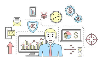 Stock market trade concept. Financial forex trading theme. Moneymaking investing business. Vector illustration.