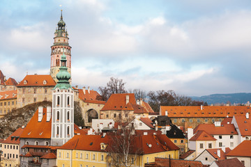 Fototapeta na wymiar A fabulously beautiful view of the town of Cesky Krumlov in the Czech Republic. Favorite place of tourists from all over the world. One of the most beautiful unusual small cities in the world.