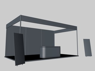 3d rendering of a gray exhibiton with two posters and a desk