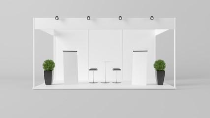 3d rendering of a white creative exhibition kiosk for branding