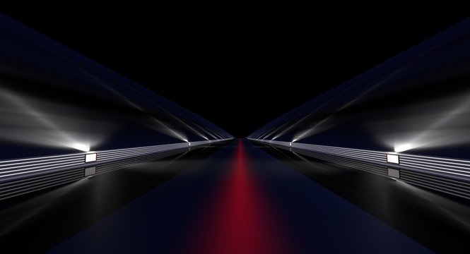 3d rendering of a futuristic road with lights along the path