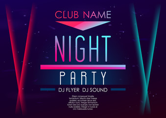 Horizontal music party poster with color graphic elements, dark background and text.  