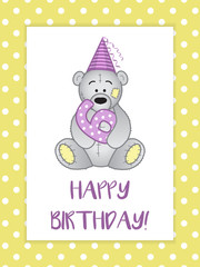 greeting card for birthday child, Teddy bear in cap and number 6