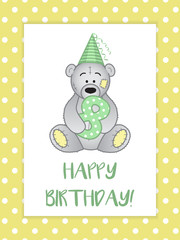 greeting card for birthday child, Teddy bear in cap and number 8
