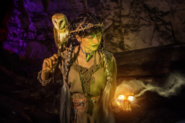 Obraz premium Beautiful witch with the white owl and skull in the hand.