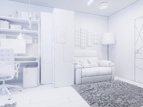 Childrens room for a teenage boy. 3d illustration of interior design without textures and materials. Render in white textures
