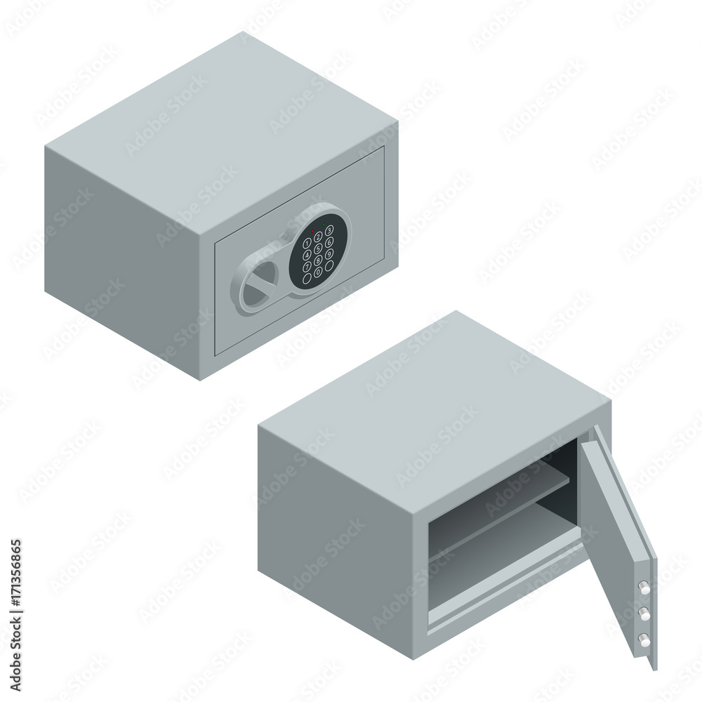 Poster isometric vector open and closed metal bank security safe with dial code lock isolated on white back