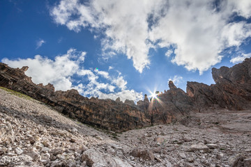 Sunbeam behind the Paternkofel Mountain Chain in the Dolomites