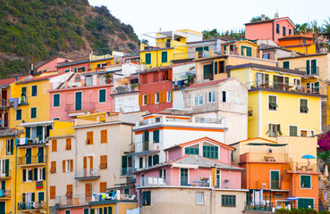 Fototapeta na wymiar Close up. Colorful And Beautiful Villages In Cinque Terre One Of Five Lands Famous The City Has Been Ceded To UNESCO World The Building Consists Of Ancient Buildings.