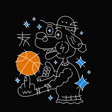 Dog in hat with basketball ball. Vector 