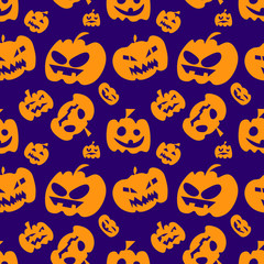 Seamless pattern with orange halloween pumpkins carved faces silhouettes on purple background. Flat design Vector Illustration