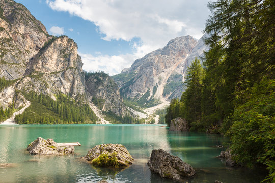 Lago di Braies or Pragser Wildsee in Italy. view from hiking path