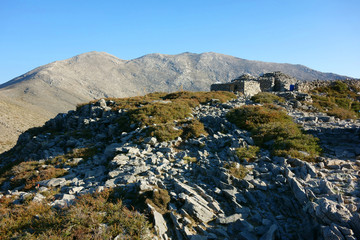 E4 European long distance hiking path near Katsiveli shelter on the Omalos Plateau, Lefka Ori Mountain Range, Crete, Greece