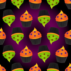 Abstract seamless pattern for girls or boys. Creative vector background with cupcake, skull, bat, halloween. Funny wallpaper for textile and fabric. Fashion style. Colorful bright picture for children