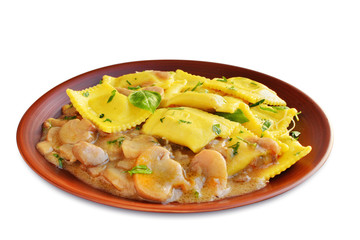 Ravioli pasta with mushroom stew on plate isolated