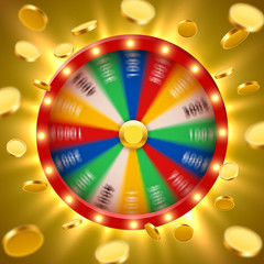 Realistic 3d spinning fortune wheel with flying golden coins. Lucky roulette.