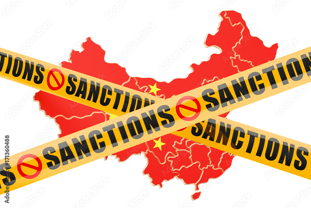 Poster sanctions concept with map of china, 3d rendering