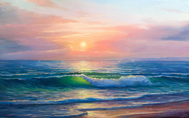 Morning on sea, wave, illustration, oil painting on a canvas.