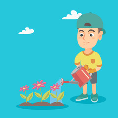 Little caucasian boy watering flowers in the garden. Young boy pouring water from a watering can on flowers. Boy taking care of flowers. Vector sketch cartoon illustration. Square layout.