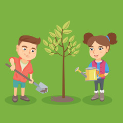 Little caucasian boy and girl planting the tree together. Happy children with watering can and shovel planting a young tree in the garden. Vector sketch cartoon illustration. Square layout.