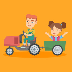 Little caucasian boy driving a tractor with his female friend in hindcarriage. Cheerful boy and girl enjoying a ride in a tractor. Vector sketch cartoon illustration. Square layout.