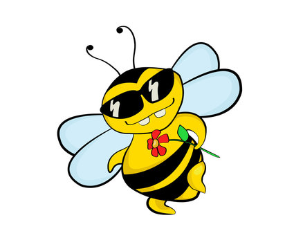 A flirting bee in sunglasses holding a flower, a cartoon illustration.