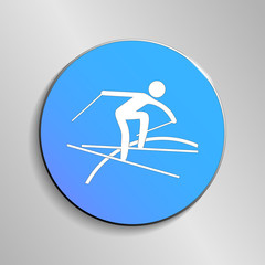 eps10 vector Freestyle Skiing Slopestyle sport icon. Winter activity pictogram for web, print, mobile. White athlete sign isolated on blue button. Hand drawn competition symbol. Graphic design clipart
