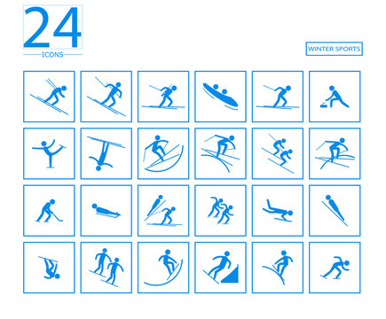 eps 10 vector set of 24 winter sport icons. Silhouette sport sign collection. Pyeongchang indoor and outdoor activities, single, team sport included. Graphic clip art for design, mobile, web, print