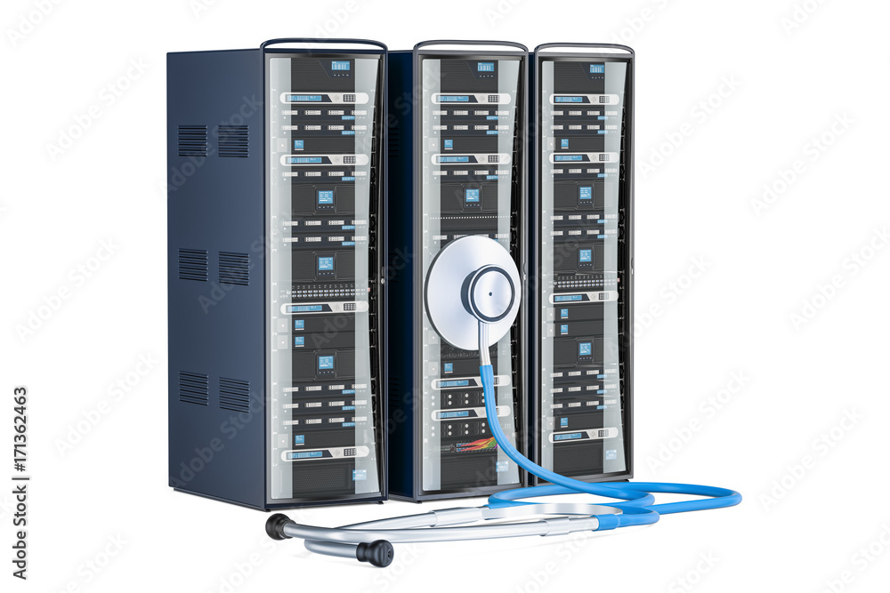 Poster computer server racks with stethoscope. recovery and repair concept, 3d rendering