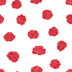 Seamless pattern with embroidery imitation red roses on white background. Stock line vector illustration.