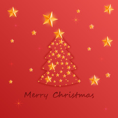Christmas and New Years red background with Christmas Tree made of cutout paper stars.