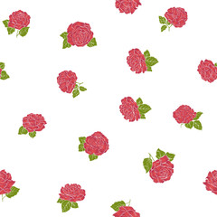 Seamless pattern with embroidery imitation red roses on white background. Stock line vector illustration.