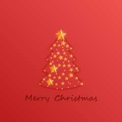Christmas and New Years red background with Christmas Tree made of cutout paper stars.