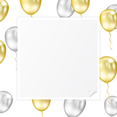 White Curl Sticker Paper Photo Blank Border Frame With Flying Golden And Silver Balloons Banner Background. Celebration & New Year Decoration. Vector Illustration