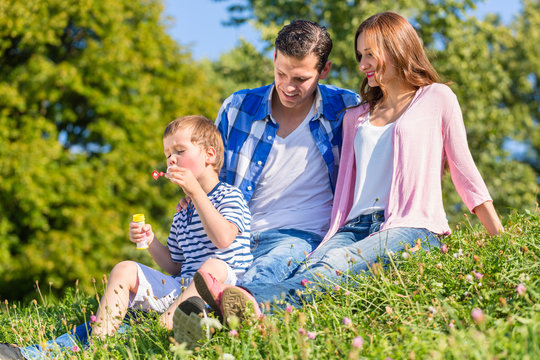Family sitting on meadow playing with soap bubbles in summer