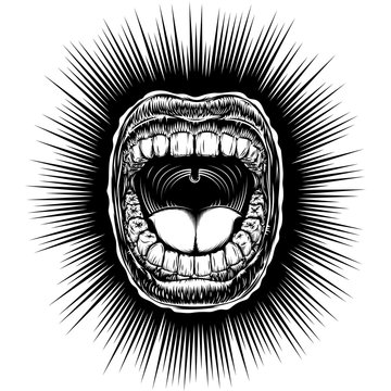 Open mouth with bared teeth and tongue; Screaming singing shouting yawning mouth; Jaw drop; T-shirt print design from vintage tattoo in ink hand drawing retro style; Vector monochrome black and white
