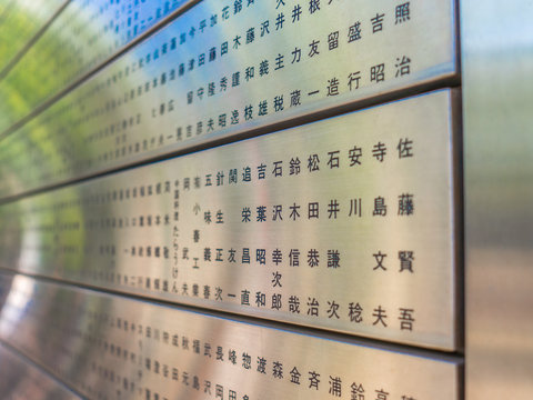 Close up of a metallic structure with japanesse words written, in a blurred background